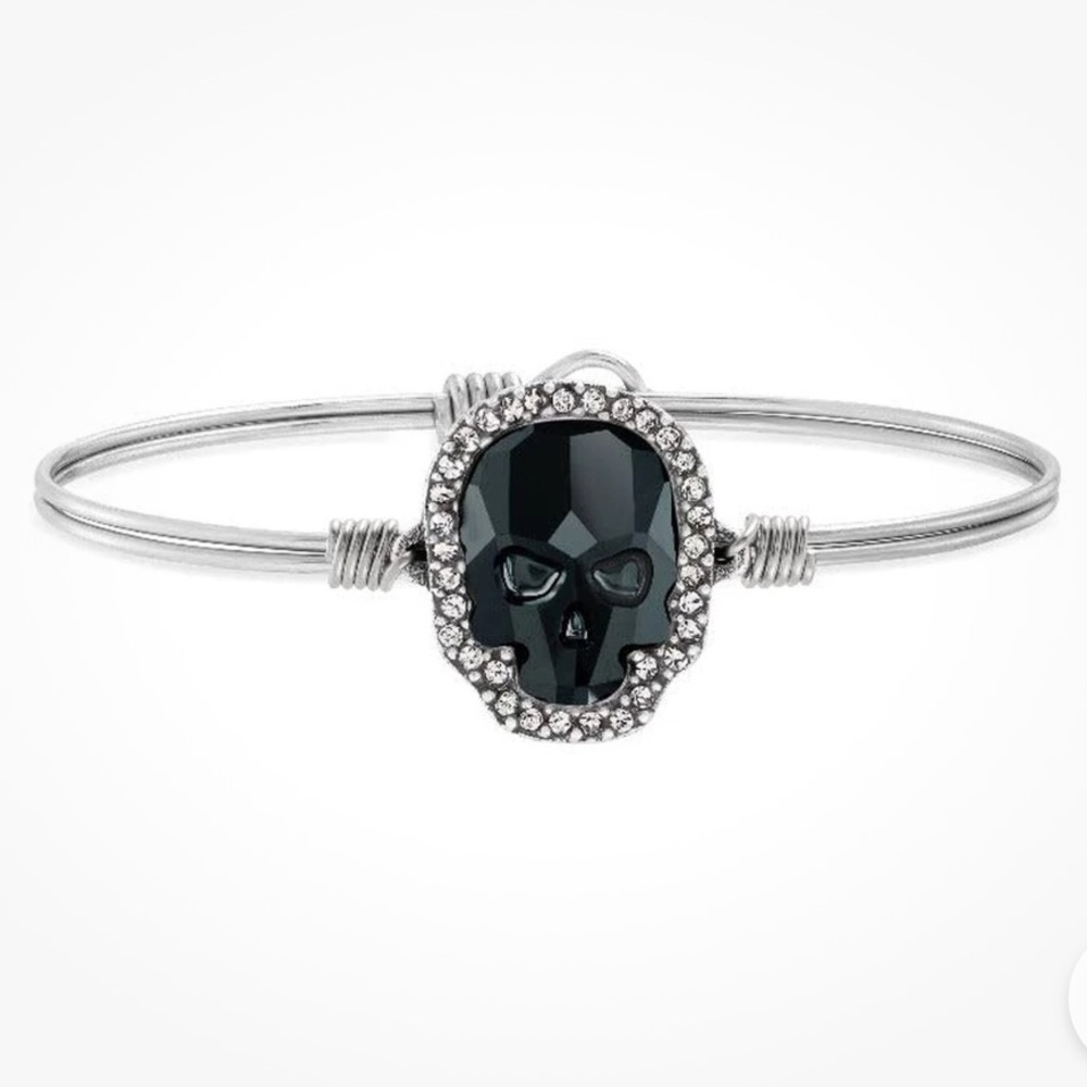 Luca + Danni Crystal Pave Skull Bangle Bracelet‎ Silvertone Black Gemstone NEW